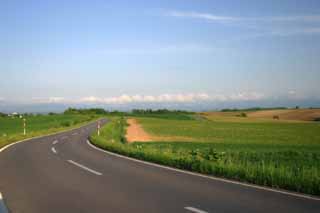 fotografia, materiale, libero il panorama, dipinga, fotografia di scorta,Estate che lascia senza fiato strada, campo, nube, cielo blu, blu