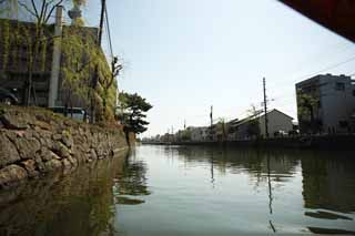 Foto, materieel, vrij, landschap, schilderstuk, bevoorraden foto,Matsue-jo Kasteel moat, Bezoekende touristenplaats schip, Schip, Moat, Ishigaki