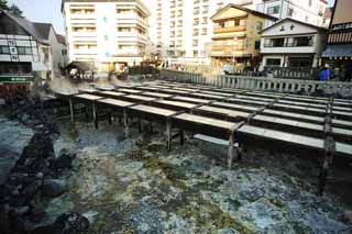 fotografia, materiale, libero il panorama, dipinga, fotografia di scorta,Kusatsu primavera calda campo di acqua caldo, pietra, primavera calda, Zolfo, Acqua calda