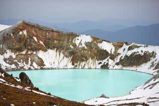 photo,material,free,landscape,picture,stock photo,Creative Commons,Kusatsu Mt. Shirane kettle, volcano, blue sky, Snow, Bave rock