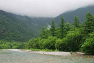 Foto, materiell, befreit, Landschaft, Bild, hat Foto auf Lager,Mt. Hotaka-Sicht vom Azusa River, Fluss, Baum, Wasser, Berg