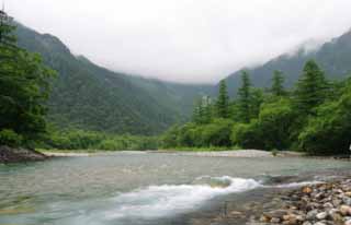 Foto, materieel, vrij, landschap, schilderstuk, bevoorraden foto,Mt. Hotaka bezichtiging van de Azusa River, Rivier, Boom, Water, Berg