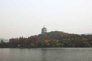 Foto, materiell, befreit, Landschaft, Bild, hat Foto auf Lager,Xi-hu-See, Schiff, Saiko, Donnerhhepunktturm, Frbte Bltter