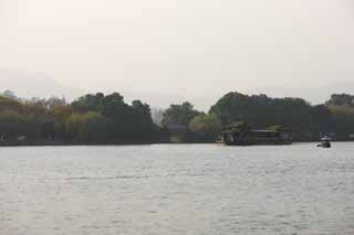 Foto, materieel, vrij, landschap, schilderstuk, bevoorraden foto,Xi-hu plas, Schip, Saiko, Vlak van een plas, Bezoekende touristenplaats schip