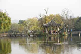 photo,material,free,landscape,picture,stock photo,Creative Commons,Three Pools Mirroring the Moon, An arbor, Saiko, surface of a lake, monument