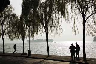 photo, la matire, libre, amnage, dcrivez, photo de la rserve,Xi-hu lac, Une le, silhouette, surface d'un lac, bateau