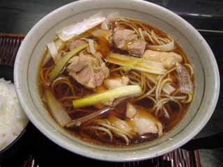 fotografia, material, livra, ajardine, imagine, proveja fotografia,Uma aletria de trigo-mouro em sopa de soja com carne de pato e cebola somou lado, Comida japonesa, pato, , alho-porro