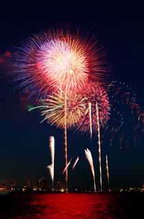 Foto, materiell, befreit, Landschaft, Bild, hat Foto auf Lager,Tokyo Bucht groartiges Feuerwerk, Feuerwerk, Nacht, Abschuss, Ein-Fufeuerwerkball