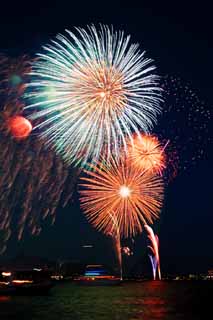 fotografia, materiale, libero il panorama, dipinga, fotografia di scorta,Baia di Tokio il grande fuochi artificiali, fuoco d'artificio, notte, lancio, uno-piede palla di fuoco d'artificio