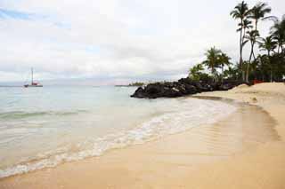 Foto, materiell, befreit, Landschaft, Bild, hat Foto auf Lager,Ein privater Strand, sandiger Strand, Handflchenbaum, Welle, Jacht