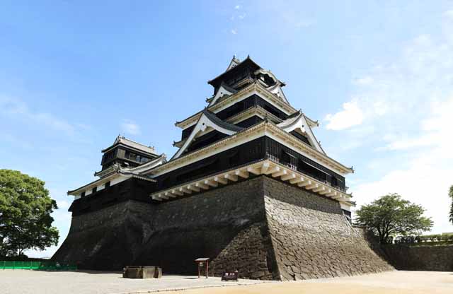 fotografia, material, livra, ajardine, imagine, proveja fotografia,Kumamoto-jo Castelo, Castelo de Ginkgo, A rebelio do sudoeste, Uma torre de castelo, castelo de Kuo-tipo de ponte em uma colina