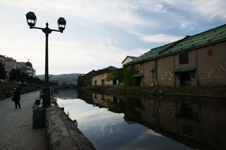 Foto, materieel, vrij, landschap, schilderstuk, bevoorraden foto,Otaru canal avond landschap, Kanaal, Straatlantaarn, De oppervlakte van het water, Baksteen magazijn