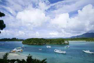 Foto, materiell, befreit, Landschaft, Bild, hat Foto auf Lager,Das blaue Meer des Golfes von Kawahira, Wolke, Schiff, das Springen von Boot, Blau