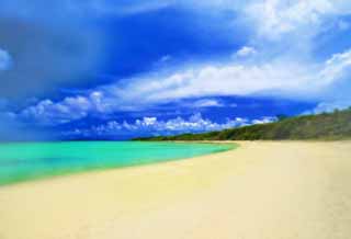 illust, materiale, libero panorama, ritratto dipinto, matita di colore disegna a pastello, disegnando,Una spiaggia di paese meridionale, spiaggia sabbiosa, cielo blu, spiaggia, nube