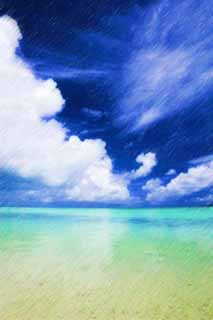 illust, materiell, befreit, Landschaft, Bild, Gemlde, Farbbleistift, Wachsmalstift, Zeichnung,,Ein sdlicher Landstrand, sandiger Strand, blauer Himmel, Strand, Wolke