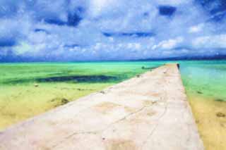 illust, materiell, befreit, Landschaft, Bild, Gemlde, Farbbleistift, Wachsmalstift, Zeichnung,,Nach Westen Pier, Beton, blauer Himmel, Das Meer, Wolke