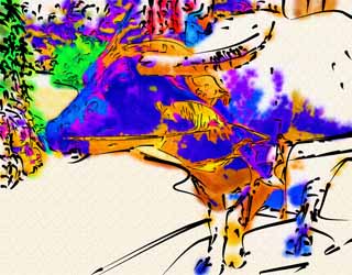 Illust, materieel, vrij, landschap, schilderstuk, schilderstuk, kleuren potlood, crayon, werkje,Een waterbuffel van een koe rijtuig, Waterbuffel, Buffalo, Hoek, 