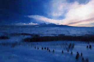 illust, material, livram, paisagem, quadro, pintura, lpis de cor, creiom, puxando,Manh de Furano, campo nevado, montanha, rvore, campo