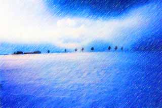 illust, materiell, befreit, Landschaft, Bild, Gemlde, Farbbleistift, Wachsmalstift, Zeichnung,,Ein Hgel eines Mrchens, Baum, schneebedecktes Feld, blauer Himmel, Wolke