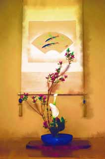 illust, material, livram, paisagem, quadro, pintura, lpis de cor, creiom, puxando,Um tokonoma, Arranjo de flor, , , rolo de papel suspenso