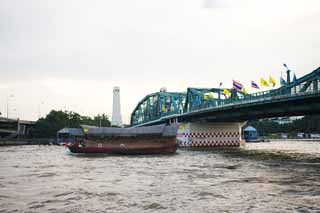 Foto, materieel, vrij, landschap, schilderstuk, bevoorraden foto,Chao Phraya en een schip, Schip, Brug, Loop, De Menam