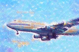 illust, materiell, befreit, Landschaft, Bild, Gemlde, Farbbleistift, Wachsmalstift, Zeichnung,,Eine Landung eines Jumbo-Jets, Passagierflugzeug, Ein Flugzeug, Jumbo-Jet, Flugzeug