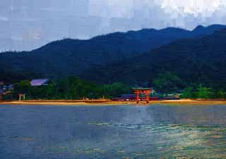 illust, materiale, libero panorama, ritratto dipinto, matita di colore disegna a pastello, disegnando,Sacrario di Itsukushima-jinja, L'eredit culturale di Mondo, Otorii, Sacrario scintoista, Io sono cinabro rosso