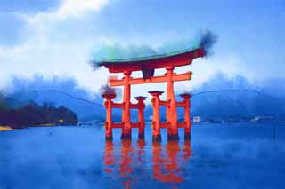 illust, , , , , ,  ,  , .,Otorii Itsukushima- Shrine,   , Otorii, Shinto shrine,  cinnabar 