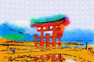 illust, materiell, befreit, Landschaft, Bild, Gemlde, Farbbleistift, Wachsmalstift, Zeichnung,,Otorii des Itsukushima-jinja-Schreines, Das kulturelle Erbe von Welt, Otorii, Schintoistischer Schrein, Ich bin Zinnober rot