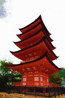 illust, materiell, befreit, Landschaft, Bild, Gemlde, Farbbleistift, Wachsmalstift, Zeichnung,,Fnf Storeyed-Pagode des Itsukushima-jinja-Schreines, Das kulturelle Erbe von Welt, Fnf Storeyed-Pagode, Schintoistischer Schrein, Ich bin Zinnober rot