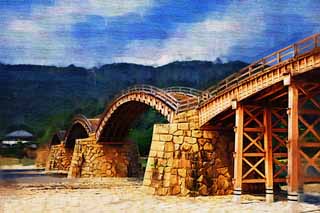 illustration,material,free,landscape,picture,painting,color pencil,crayon,drawing,Kintai-kyo Bridge, Kintai-kyo Bridge, noted place, sightseeing spot, bridge