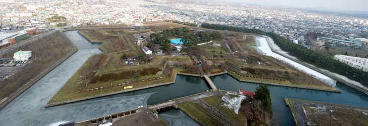 Foto, materiell, befreit, Landschaft, Bild, hat Foto auf Lager,Goryokaku Fort ganze Sicht, Wassergraben, Burg, Die spte Tokugawa-Periode, Die Geschichte