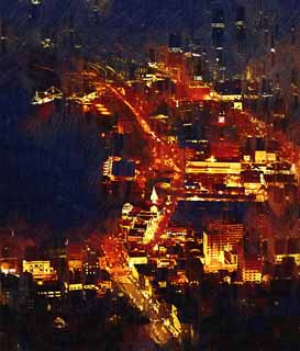 Illust, materieel, vrij, landschap, schilderstuk, schilderstuk, kleuren potlood, crayon, werkje,Een avond uitzicht van Mt. Hakodate-yama, Illumineringen, Een observatory, Stad verlichting, Poort stad