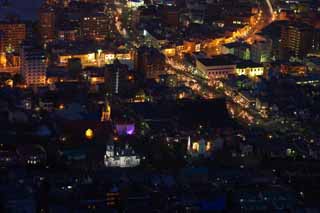 Foto, materieel, vrij, landschap, schilderstuk, bevoorraden foto,Een avond uitzicht van Mt. Hakodate-yama, Illumineringen, Een observatory, Stad verlichting, Poort stad