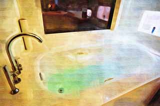illust, material, livram, paisagem, quadro, pintura, lpis de cor, creiom, puxando,Uma banheira, banheiro, torneira, banheira, 