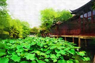 illust, material, livram, paisagem, quadro, pintura, lpis de cor, creiom, puxando,36 edifcio de patos de mandarim de Zhuozhengyuan, Arquitetura, 36 edifcio de patos de mandarim, crculo, jardim