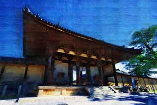 illust, materiell, befreit, Landschaft, Bild, Gemlde, Farbbleistift, Wachsmalstift, Zeichnung,,Horyu-ji-Tempel Namdaemun, Buddhismus, Namdaemun, Dach, Ziegel