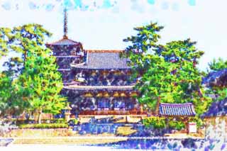 Illust, materieel, vrij, landschap, schilderstuk, schilderstuk, kleuren potlood, crayon, werkje,Horyu-ji Tempel, Boeddhisme, Poort gebouwde tussen de hoofdschuif en het belangrijkste huis van de paleis-in model knipte architectuur in de Fujiwara tijdvak, Vijf Storeyed Pagoda, Ht direct toegankelijk