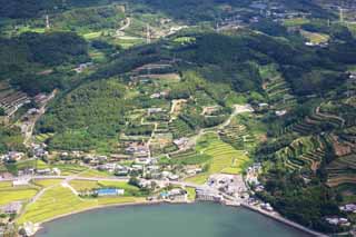 photo, la matire, libre, amnage, dcrivez, photo de la rserve,Un village de ferme de Nagasaki, Le pays, orange mandarine, La mer, Photographie arienne