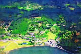 illust, matire, libre, paysage, image, le tableau, crayon de la couleur, colorie, en tirant,Un village de ferme de Nagasaki, Le pays, orange mandarine, La mer, Photographie arienne