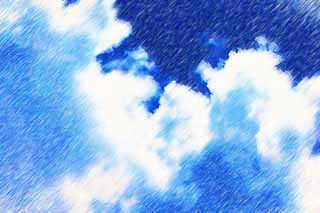 Illust, materieel, vrij, landschap, schilderstuk, schilderstuk, kleuren potlood, crayon, werkje,Een wolk van de zomer, Blauwe lucht, Thunderhead, In de zomer, Zonnelicht