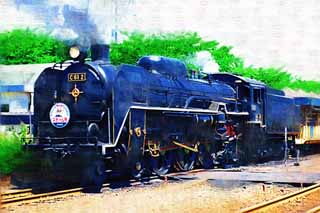 Illust, materieel, vrij, landschap, schilderstuk, schilderstuk, kleuren potlood, crayon, werkje,Een wasem locomotief, Bewasem locomotief, Trein, Aandrijfwiel, Steenkool