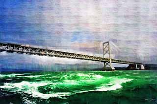 illustration,material,free,landscape,picture,painting,color pencil,crayon,drawing,Naruto Whirlpools, bascule bridge, suspension bridge, An ocean current, Traffic