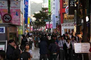 photo,material,free,landscape,picture,stock photo,Creative Commons,Row of houses along a city street of Myondong, Neon, crowd, restaurant, street