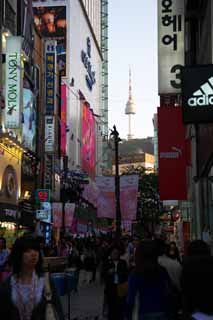 photo,material,free,landscape,picture,stock photo,Creative Commons,Row of houses along a city street of Myondong, Neon, crowd, restaurant, street