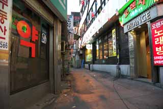 photo,material,free,landscape,picture,stock photo,Creative Commons,Row of houses along a city street of Myondong, Neon, drugstore, restaurant, street