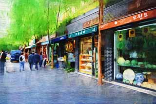 illust, matire, libre, paysage, image, le tableau, crayon de la couleur, colorie, en tirant,Insadong, galerie, Tradition, restaurant, chausse de pierre