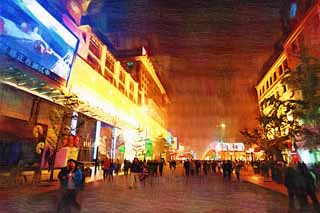 illust, matire, libre, paysage, image, le tableau, crayon de la couleur, colorie, en tirant,Wangfujing Street, dans la soire, Non, Chinois, Circulation, Arbre au bord de la route