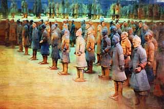 illust, matire, libre, paysage, image, le tableau, crayon de la couleur, colorie, en tirant,Terracotta Warriors dans des fosses no.1, Guerriers de la terre cuite, Gens anciens, Tombe, Hritage Mondial