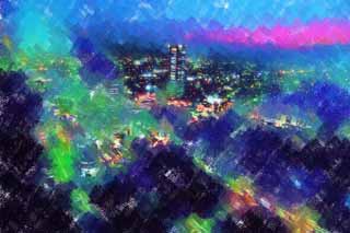 illust, materiell, befreit, Landschaft, Bild, Gemlde, Farbbleistift, Wachsmalstift, Zeichnung,,Shinjuku bei Nacht, Hochhaus, Subcenter, Tokyo weltstdtische Regierung, Gebude